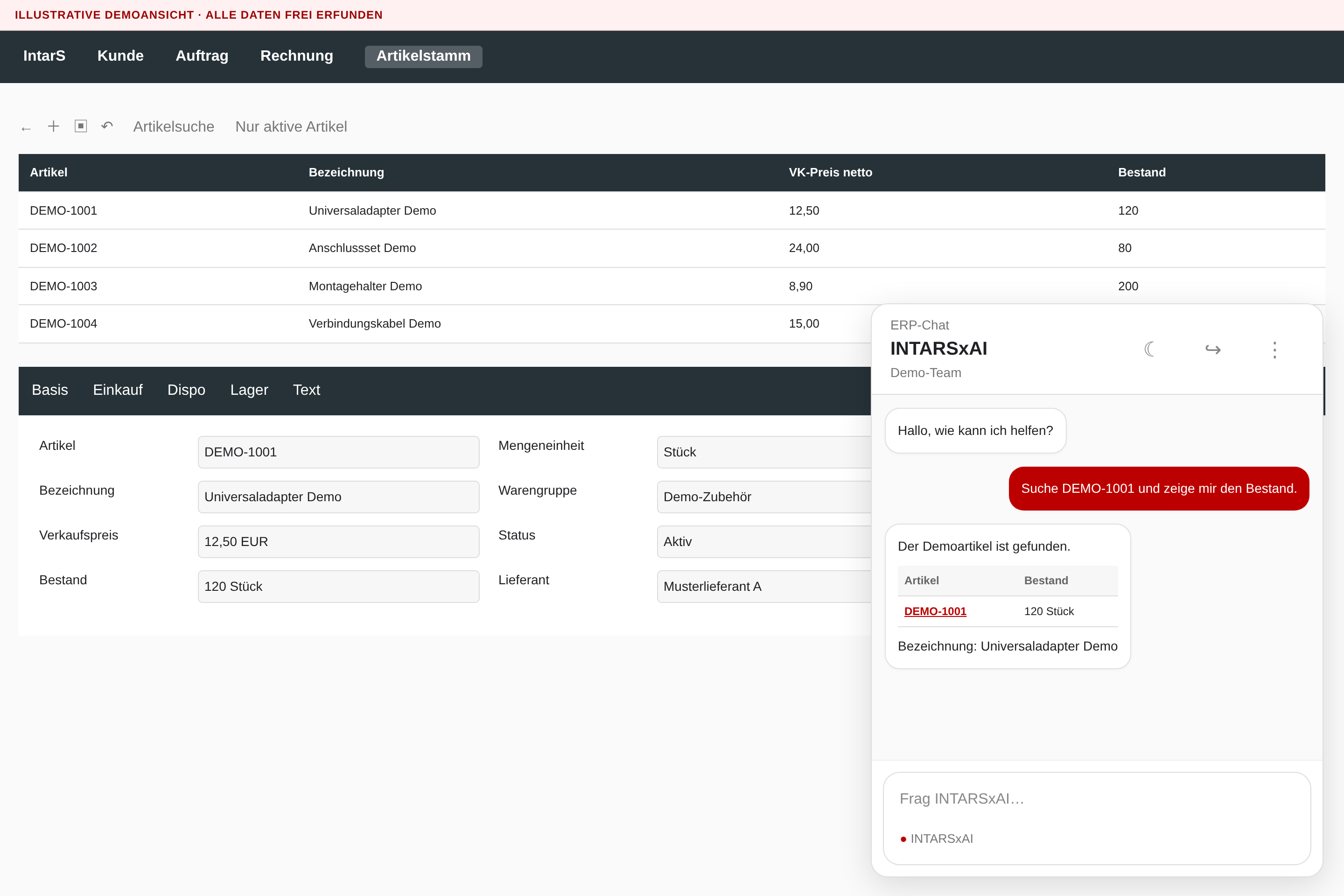INTARSxAI als eingebettetes Widget im IntarS-Artikelstamm